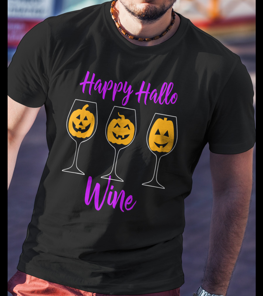 Happy Hallo Wine Funny Halloween Pumpkins In Wine Glasses T-Shirt