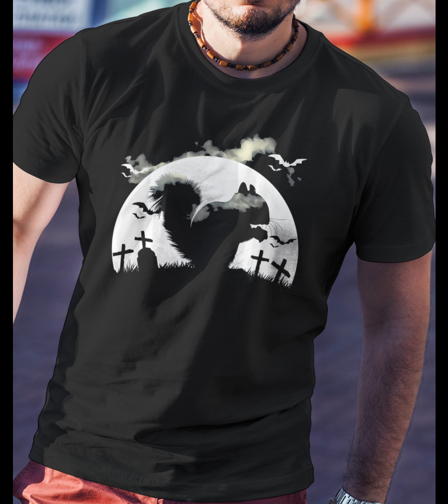 Spooky Halloween Rodent In Graveyard With Full Moon And Bats T-Shirt