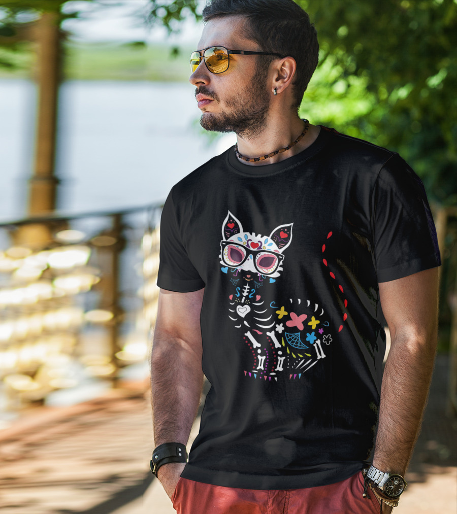Colorful Day Of The Dead Black Cat Halloween T-Shirt