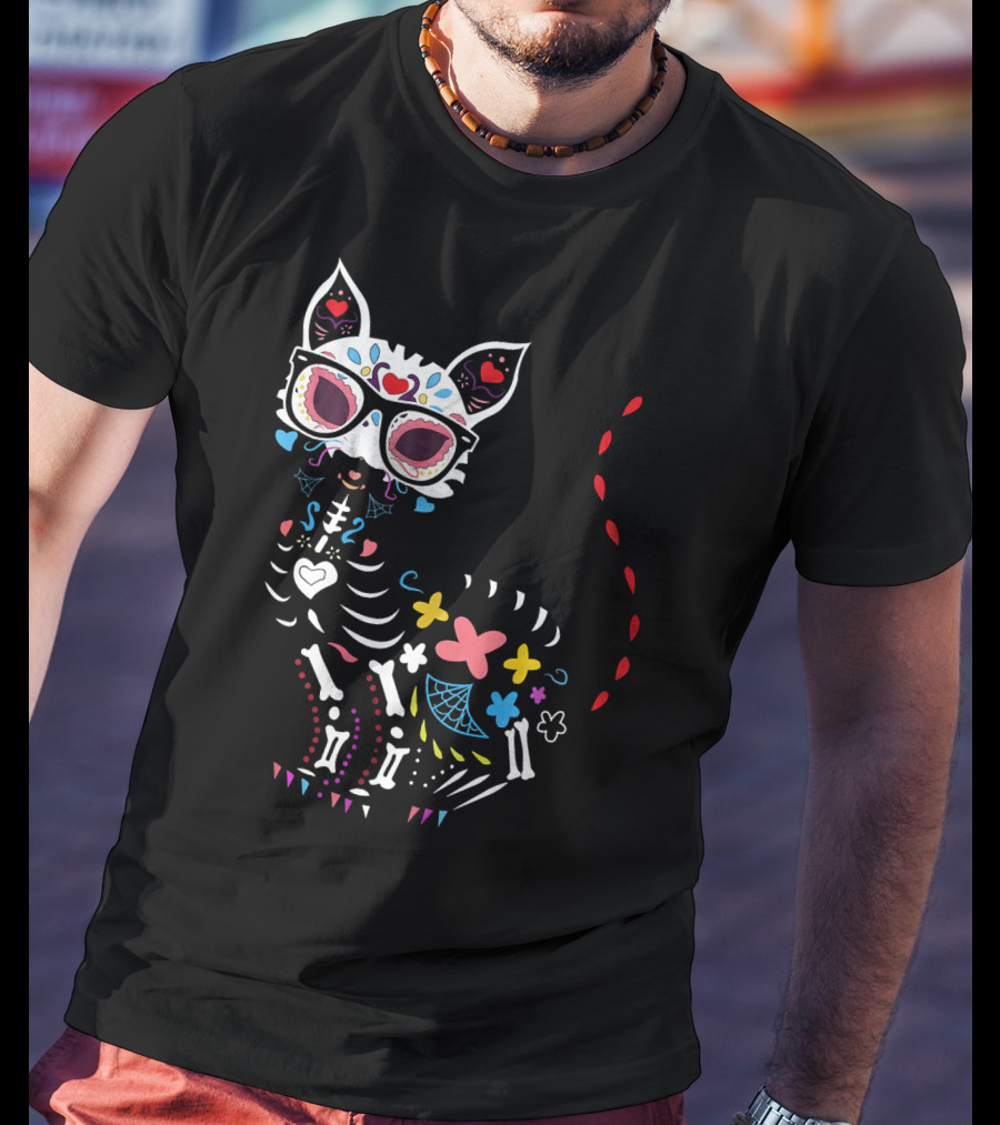 Colorful Day Of The Dead Black Cat Halloween T-Shirt