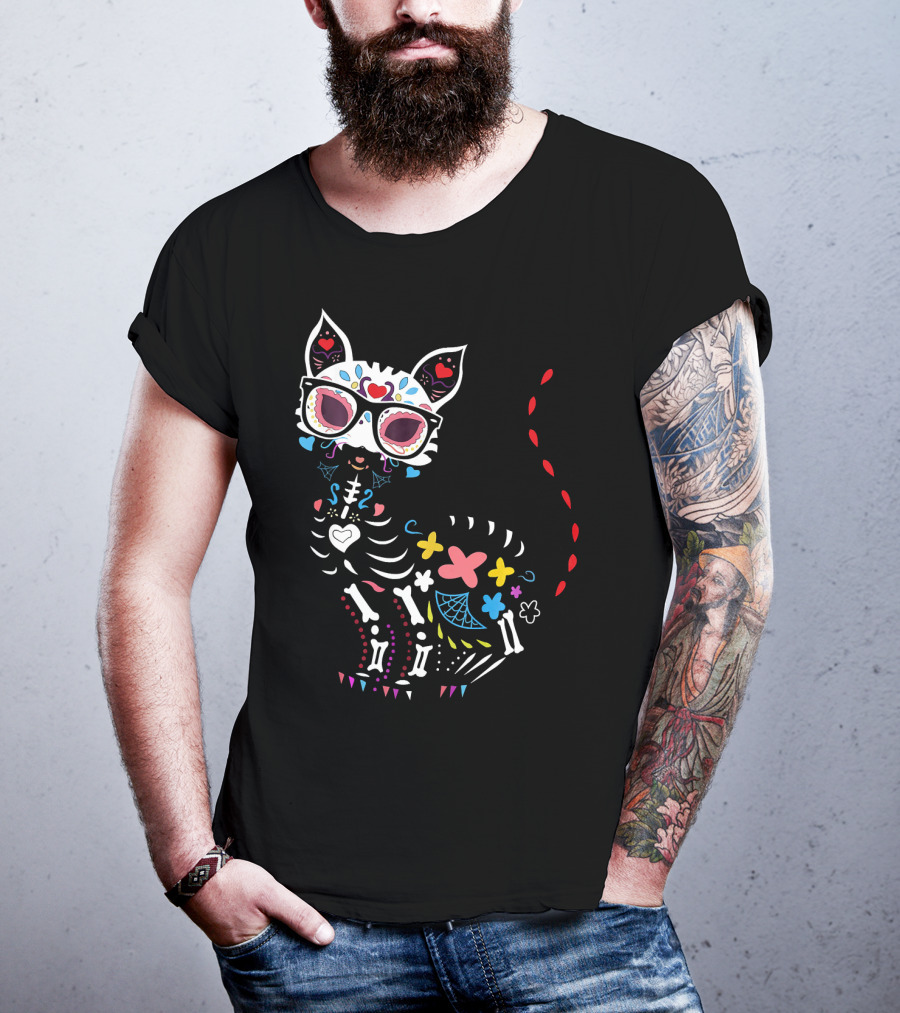 Colorful Day Of The Dead Black Cat Halloween T-Shirt