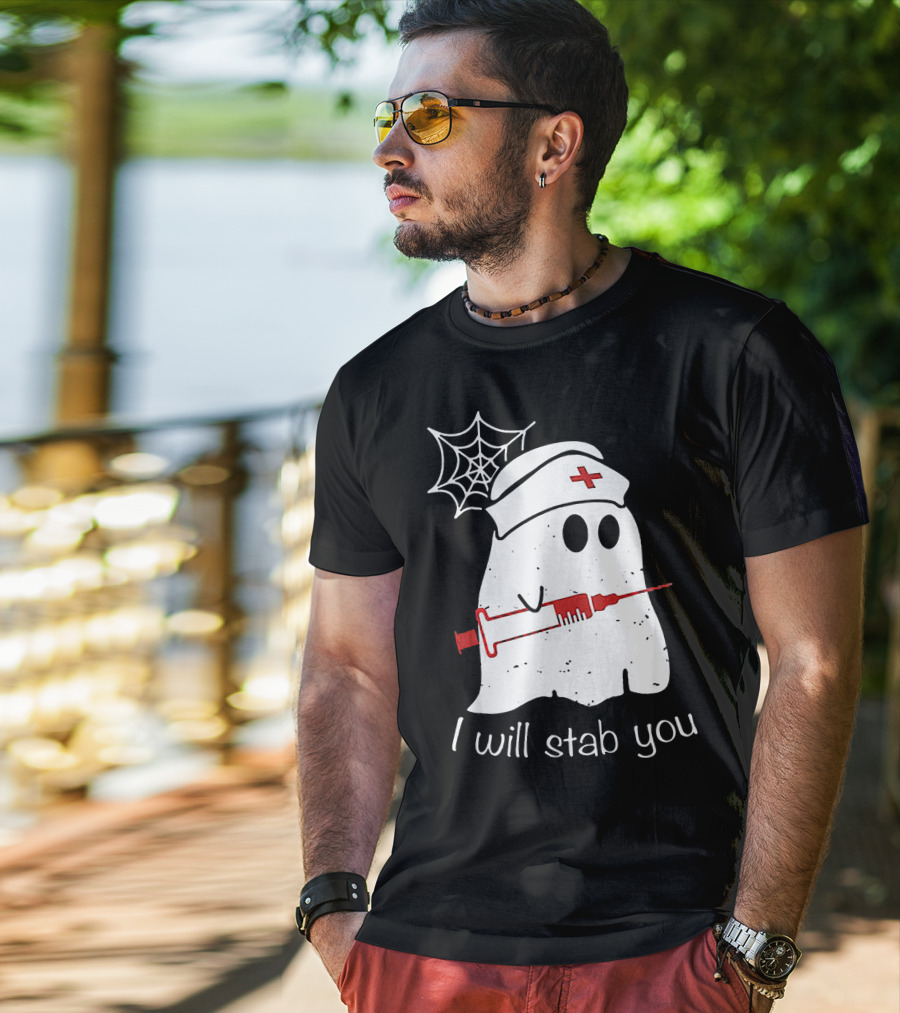 I Will Stab You Ghost Nurse Fun Halloween Syringe Spider Web T-Shirt