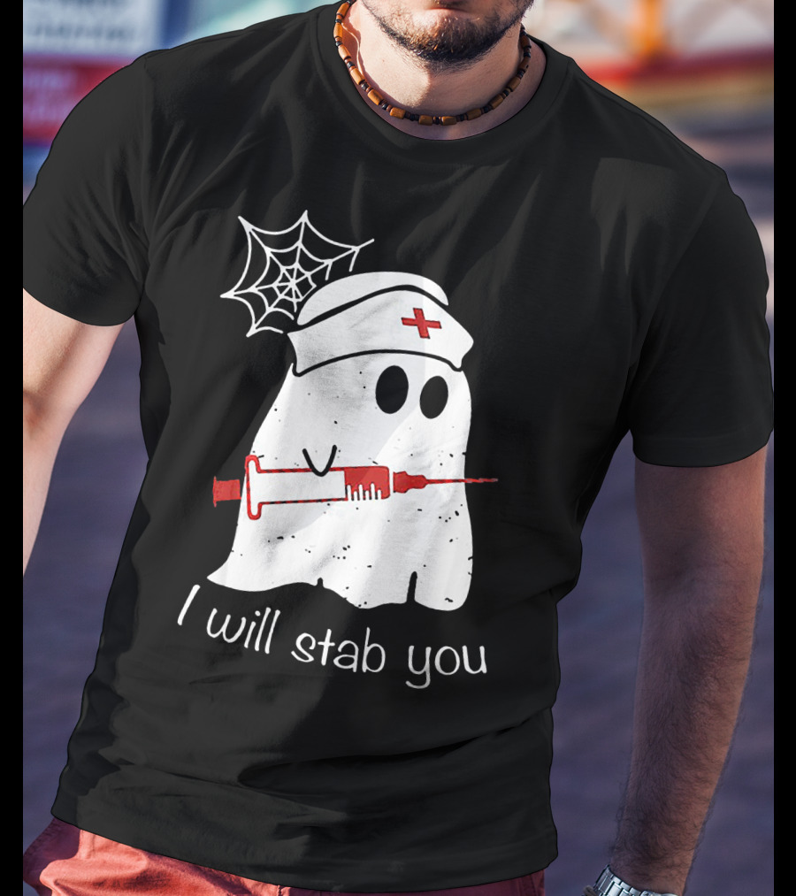 I Will Stab You Ghost Nurse Fun Halloween Syringe Spider Web T-Shirt