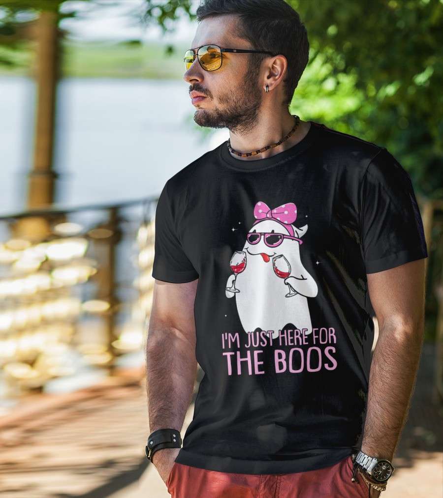 I'm Just Here For The Boos Wine Lover Ghost With Bow And Sunglasses T-Shirt
