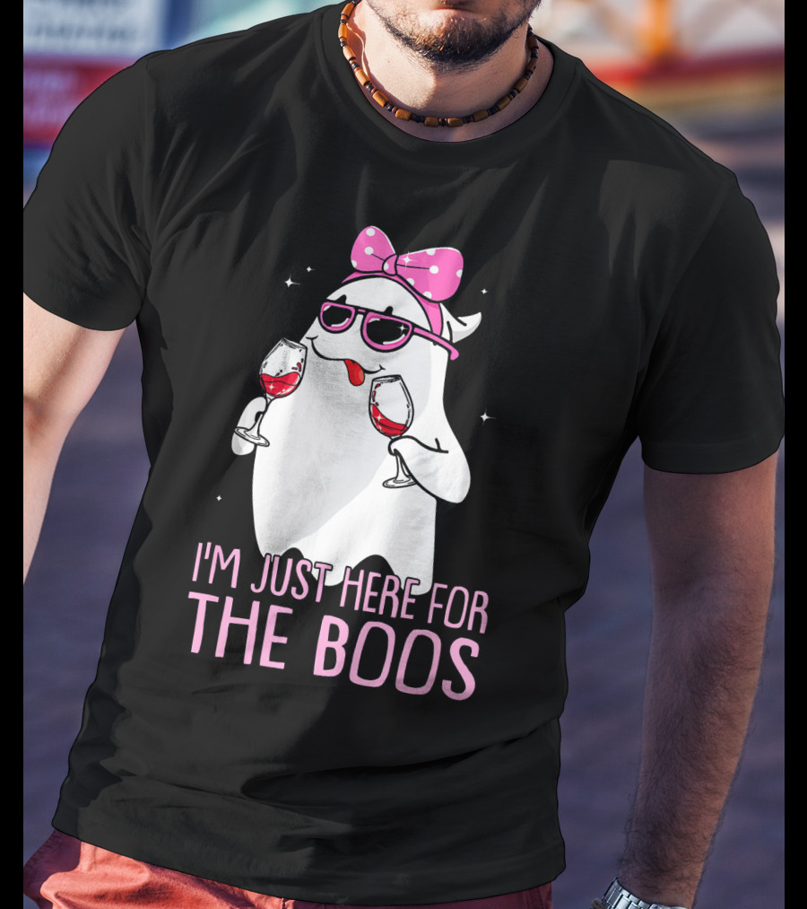 I'm Just Here For The Boos Wine Lover Ghost With Bow And Sunglasses T-Shirt