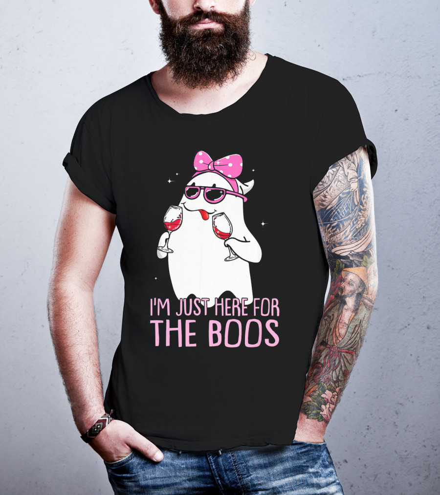 I'm Just Here For The Boos Wine Lover Ghost With Bow And Sunglasses T-Shirt
