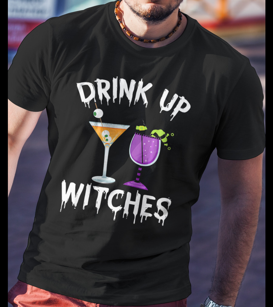 Drink Up Witches Funny Halloween Pun Cocktail Eyeball And Broomstick Drinks T-Shirt