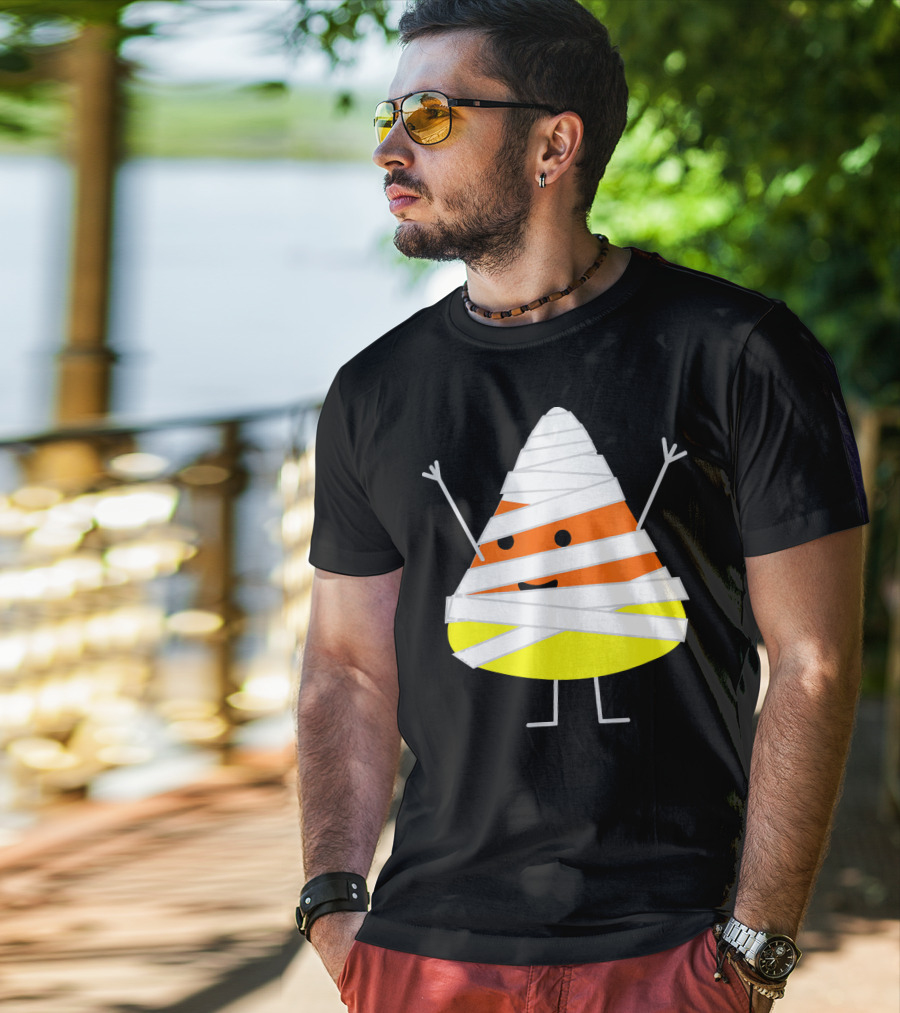 Mummy Wrapped Cartoon Candy Corn Halloween T-Shirt