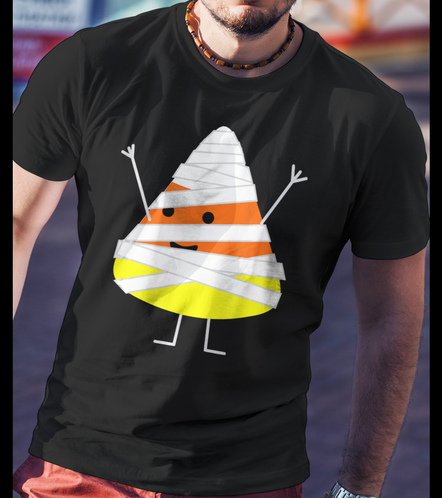 Mummy Wrapped Cartoon Candy Corn Halloween T-Shirt