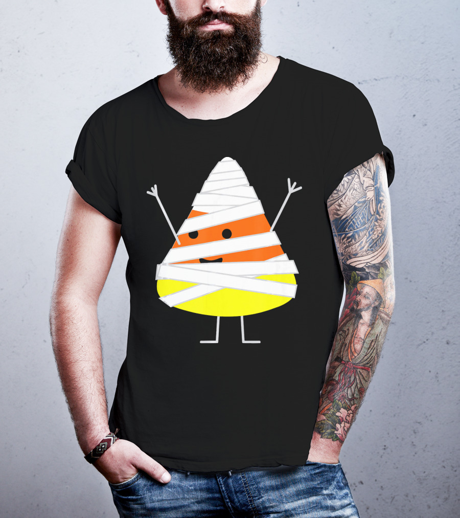 Mummy Wrapped Cartoon Candy Corn Halloween T-Shirt