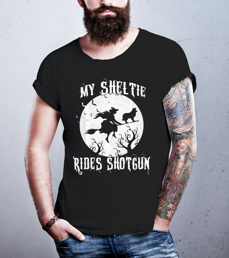 My Sheltie Rides Shotgun Halloween Witch Moon Scene T-Shirt