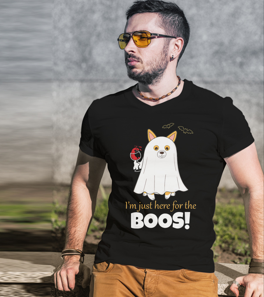 I'm Just Here For The Boos Corgi With Wine And Bat Decorations T-Shirt