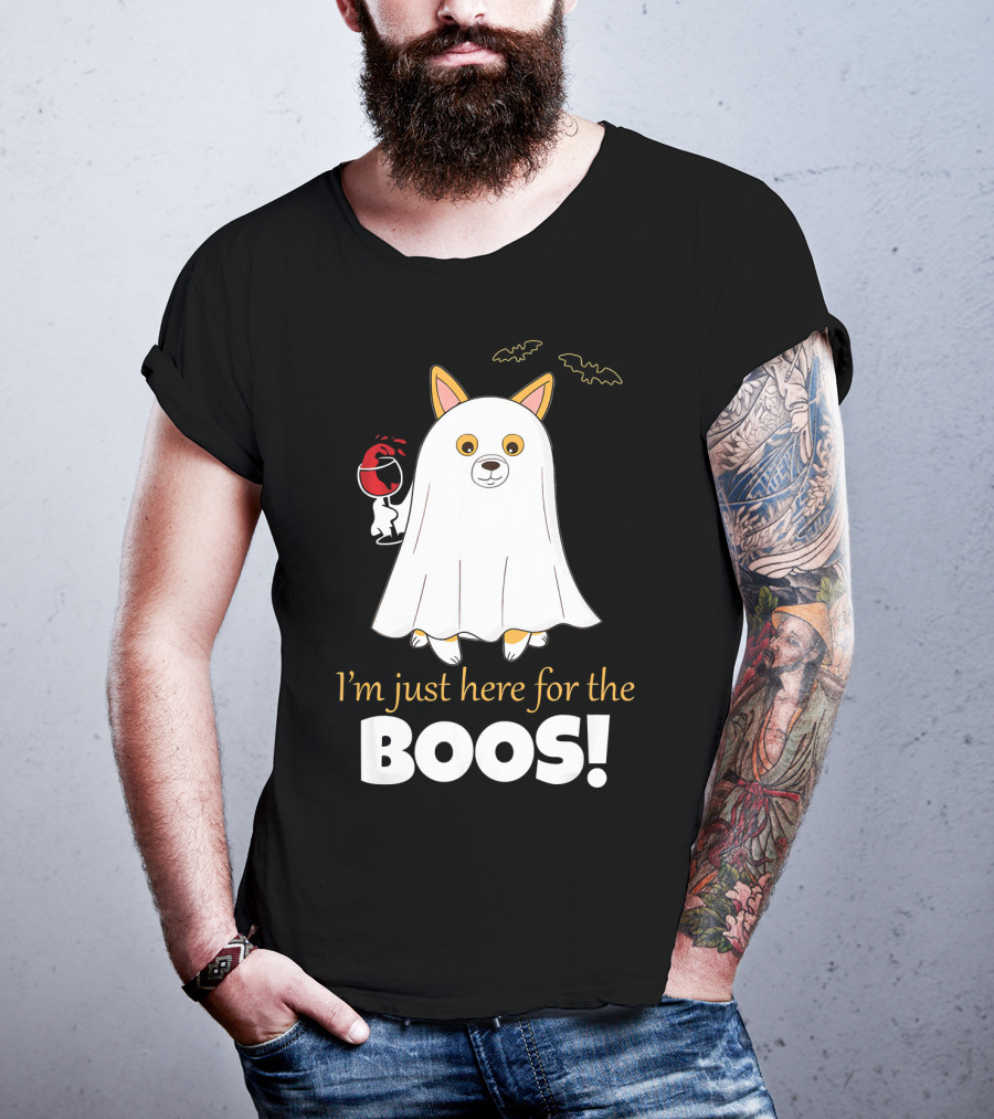 I'm Just Here For The Boos Corgi With Wine And Bat Decorations T-Shirt