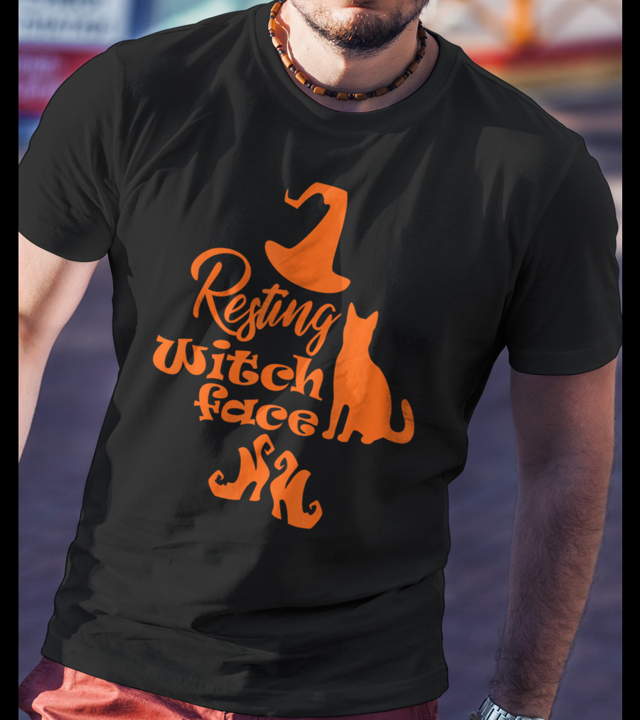 Resting Witch Face Halloween Cat Witch Hat Shoes T-Shirt