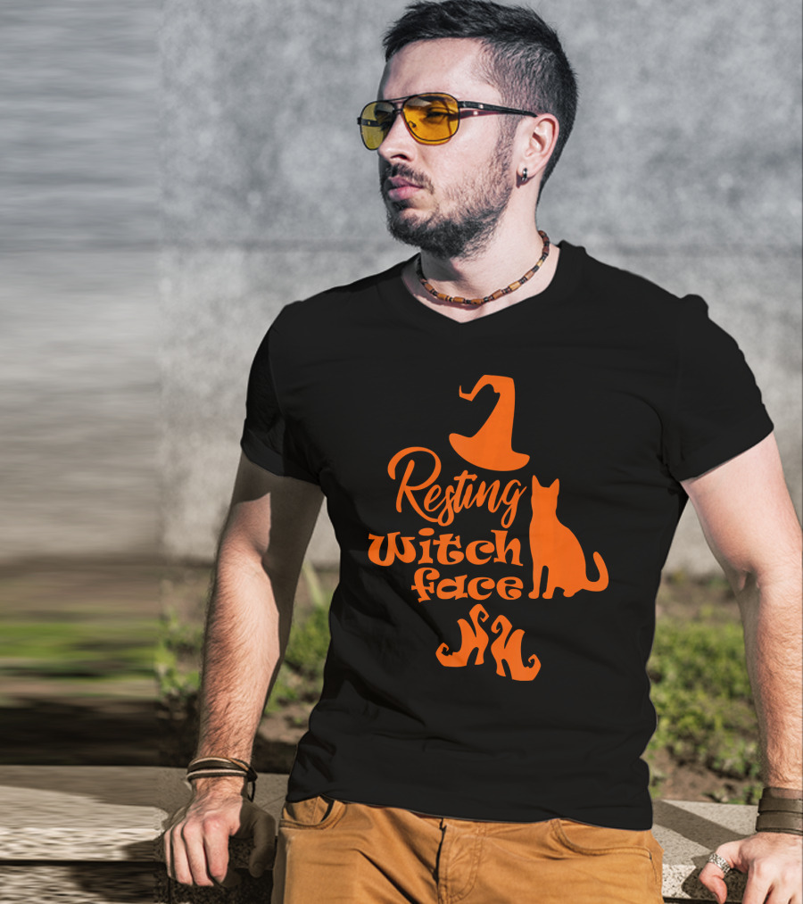 Resting Witch Face Halloween Cat Witch Hat Shoes T-Shirt
