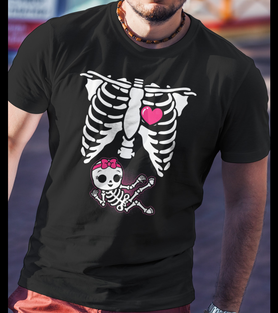 Halloween Skeleton Pregnancy Ribcage With Baby Girl And Heart T-Shirt