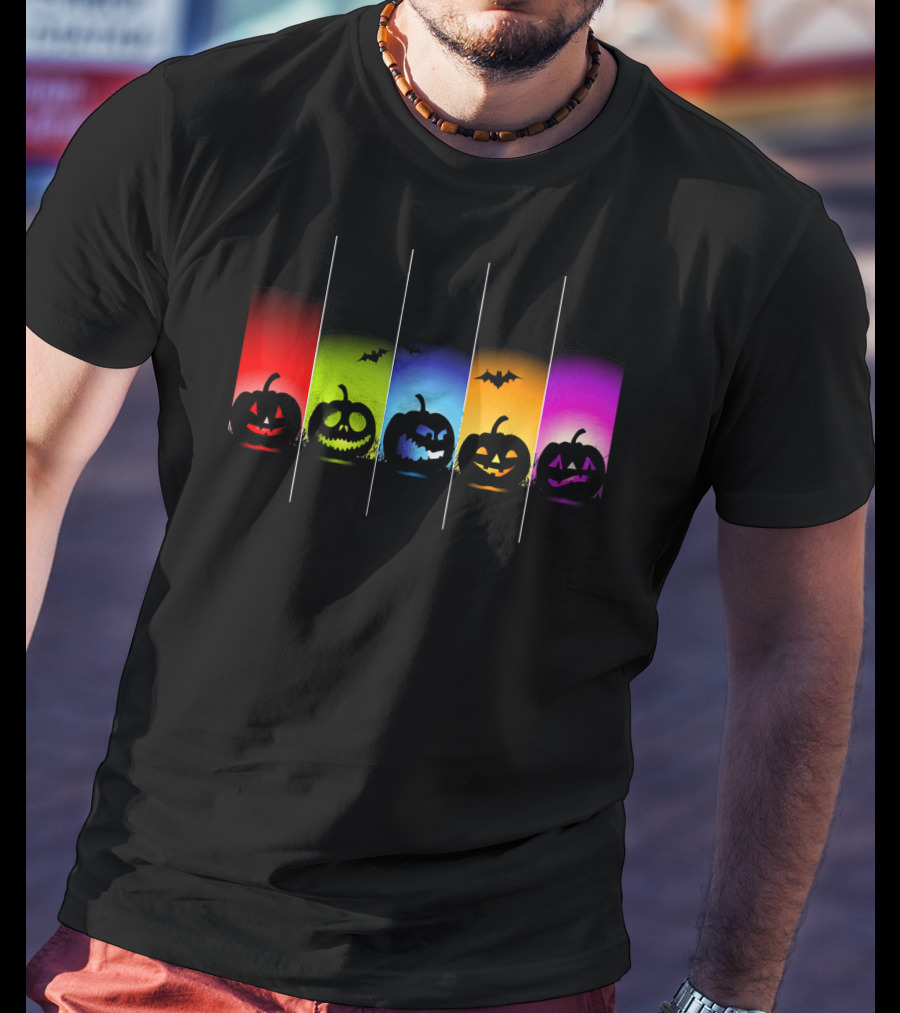Rainbow Halloween Pumpkins With Colorful Backgrounds And Bats T-Shirt