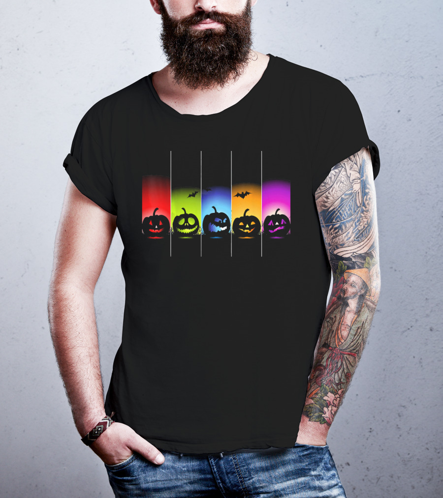 Rainbow Halloween Pumpkins With Colorful Backgrounds And Bats T-Shirt