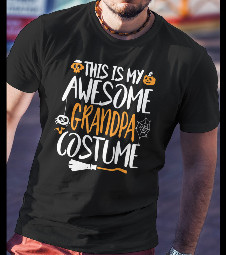 This Is My Awesome Grandpa Halloween Costume Pumpkin Spider Web Broomstick T-Shirt