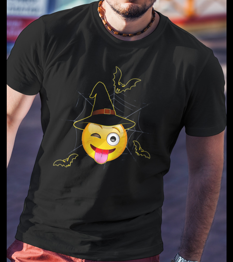 Funny Halloween Witch Emoji Winking Face With Bats And Spider Web T-Shirt