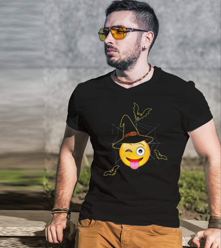 Funny Halloween Witch Emoji Winking Face With Bats And Spider Web T-Shirt