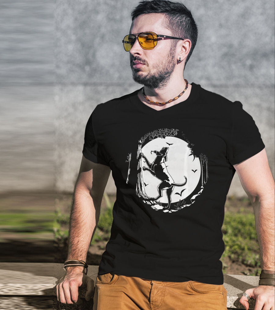 Coonhound Hunting Dog Under Full Moon With Bats And Trees T-Shirt