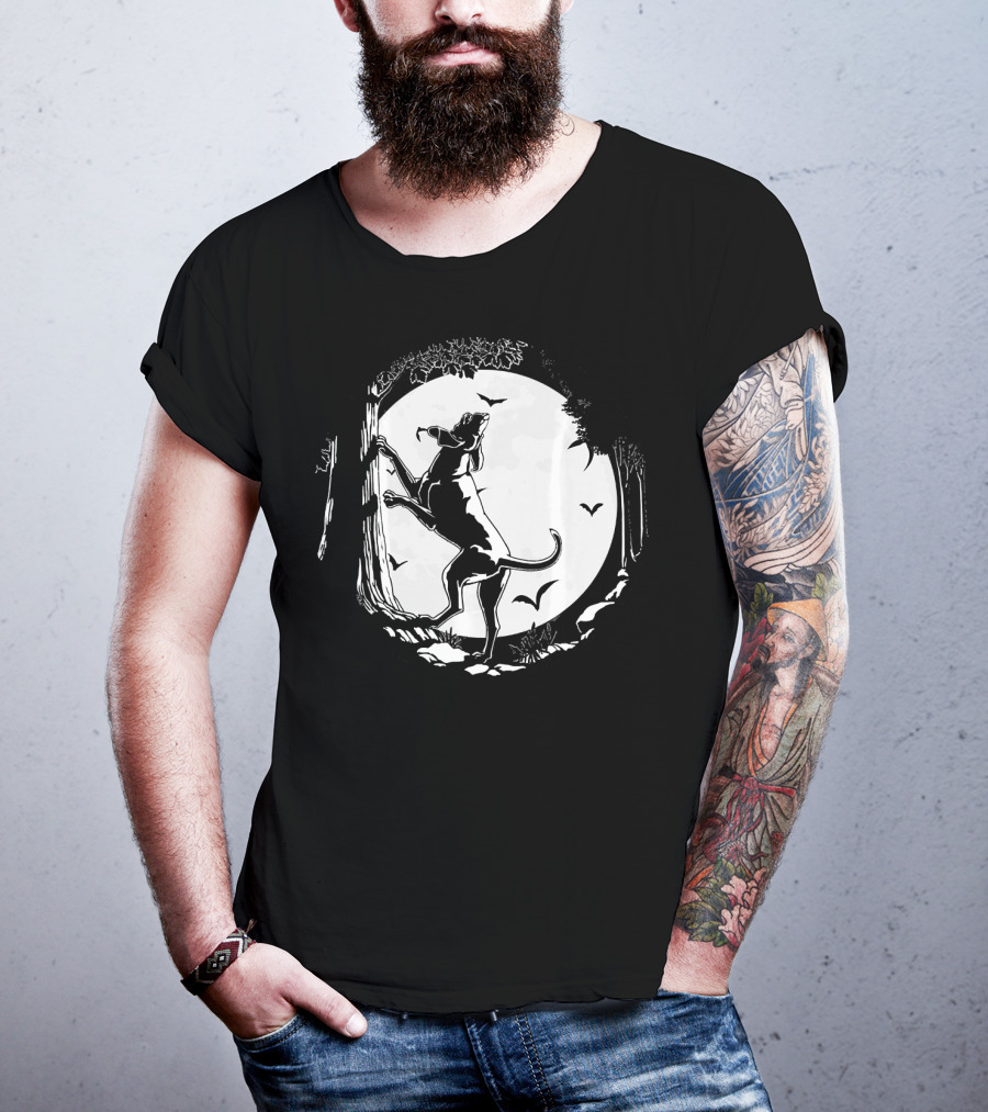 Coonhound Hunting Dog Under Full Moon With Bats And Trees T-Shirt