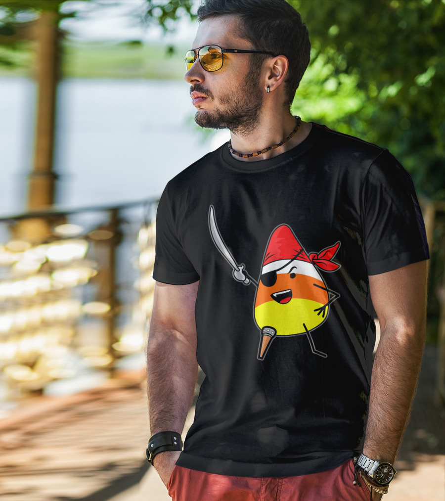 Candy Corn Pirate With Jolly Roger Sword Halloween T-Shirt