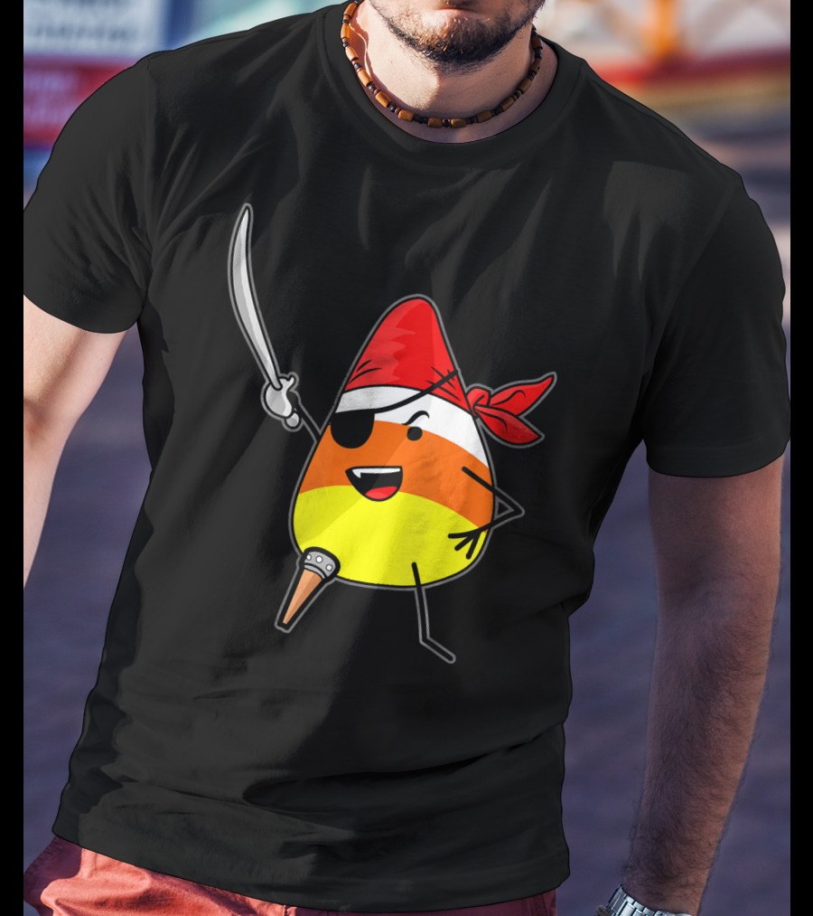Candy Corn Pirate With Jolly Roger Sword Halloween T-Shirt