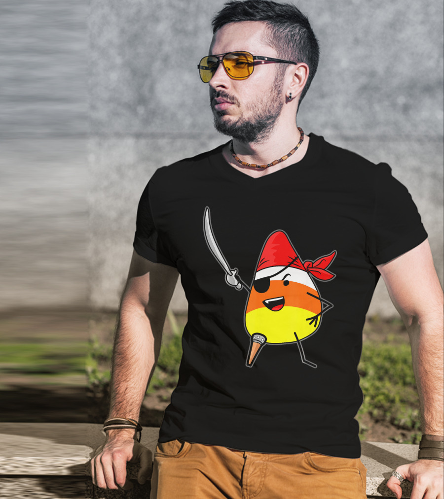 Candy Corn Pirate With Jolly Roger Sword Halloween T-Shirt
