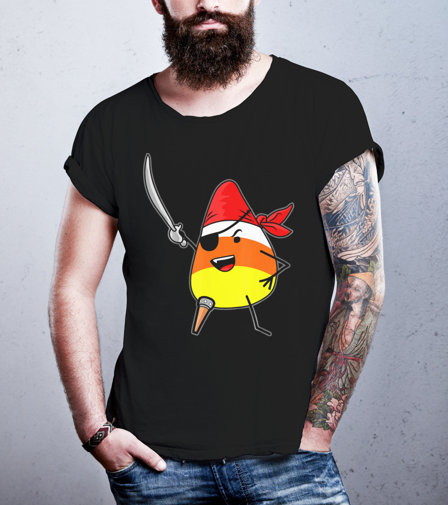 Candy Corn Pirate With Jolly Roger Sword Halloween T-Shirt