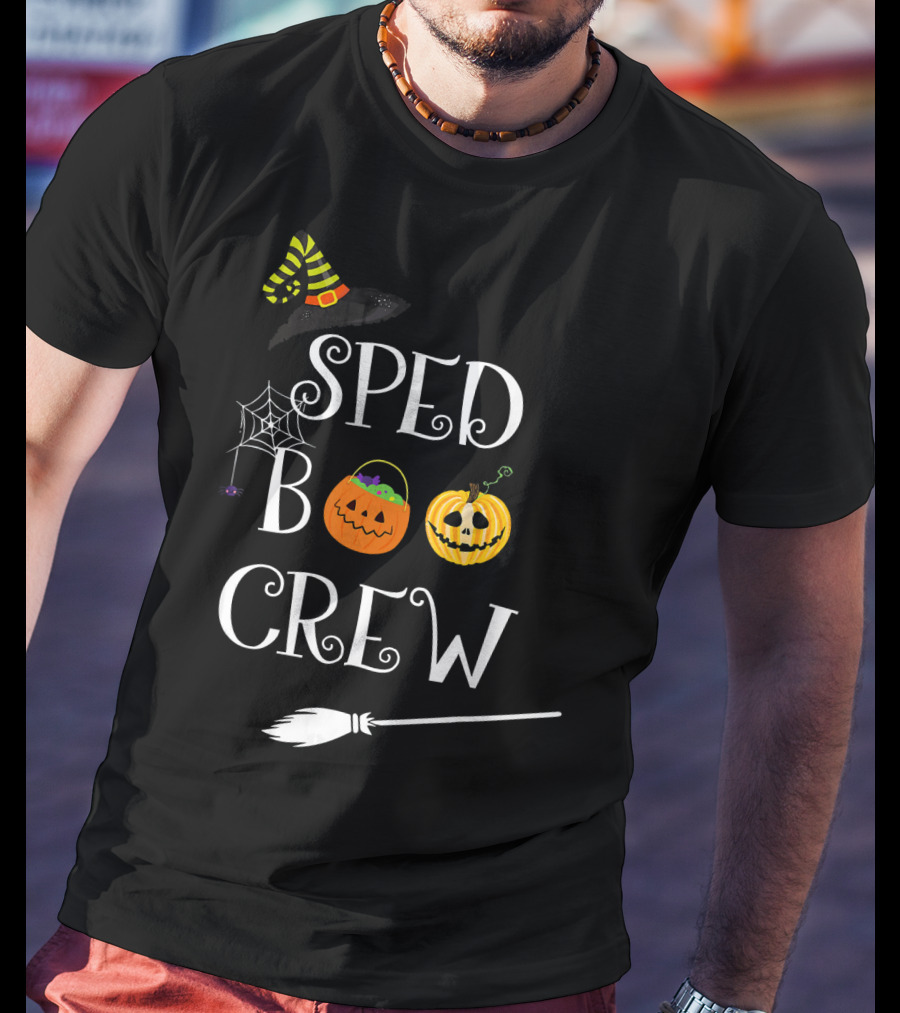 SPED BOO CREW Special Education Teacher Halloween Witch Hat Pumpkin Broom Decor T-Shirt