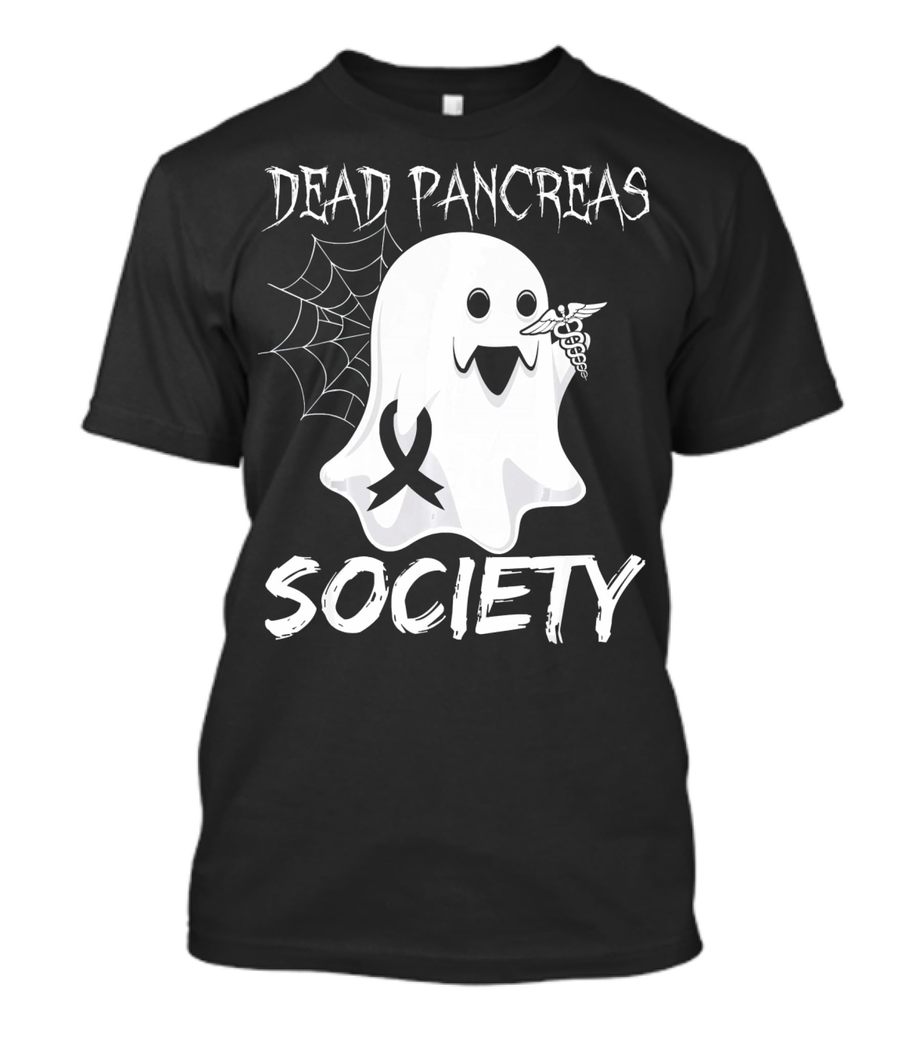 Dead Pancreas Society Ghost With Ribbon And Caduceus Diabetes Awareness T-Shirt