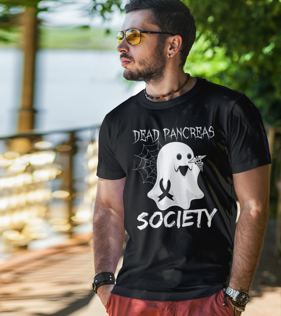 Dead Pancreas Society Ghost With Ribbon And Caduceus Diabetes Awareness T-Shirt