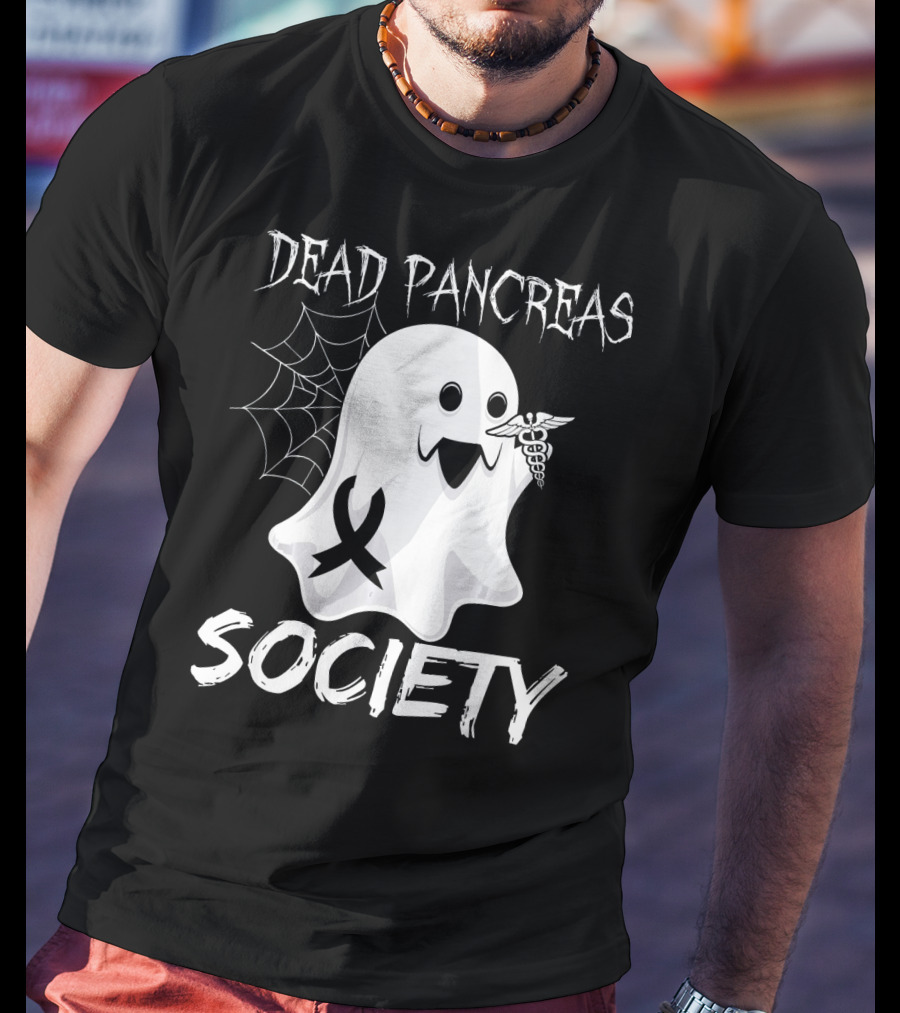 Dead Pancreas Society Ghost With Ribbon And Caduceus Diabetes Awareness T-Shirt