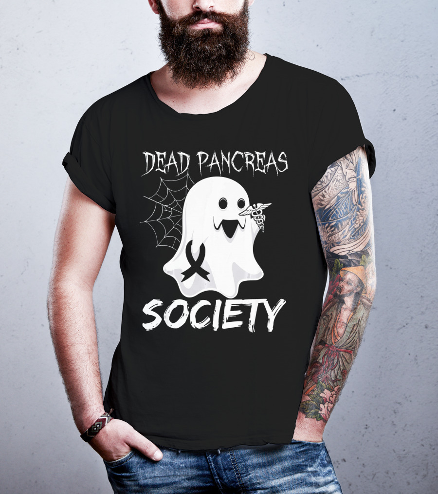 Dead Pancreas Society Ghost With Ribbon And Caduceus Diabetes Awareness T-Shirt
