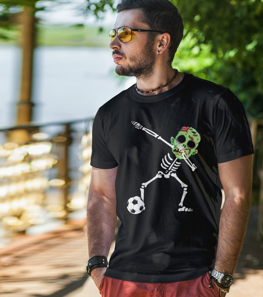 Dabbing Skeleton Soccer Zombie With Green Head T-Shirt