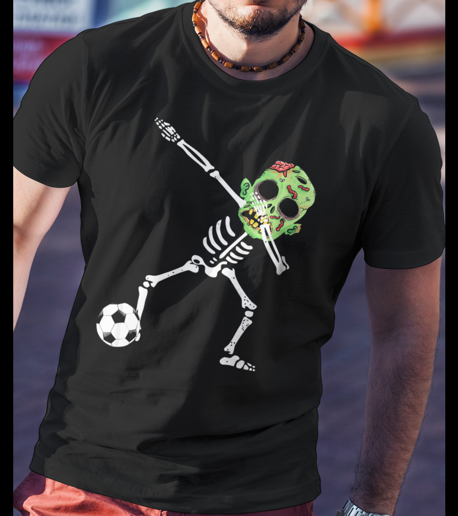 Dabbing Skeleton Soccer Zombie With Green Head T-Shirt