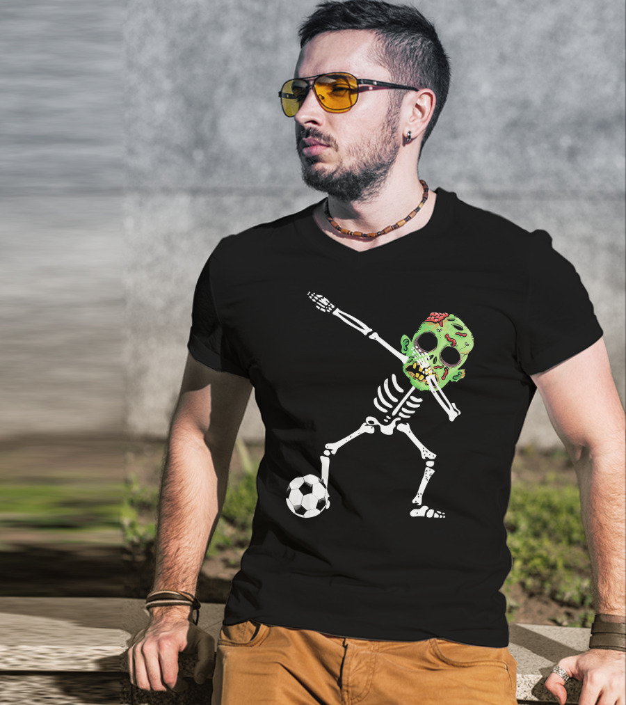 Dabbing Skeleton Soccer Zombie With Green Head T-Shirt