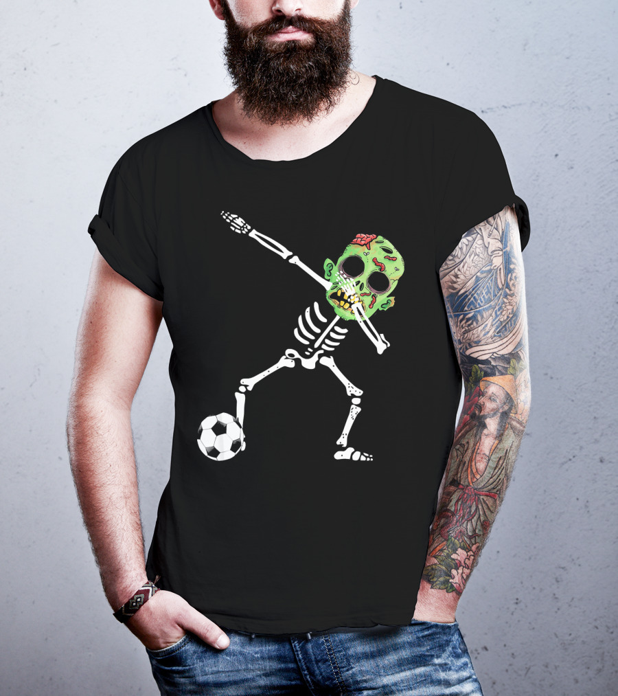 Dabbing Skeleton Soccer Zombie With Green Head T-Shirt