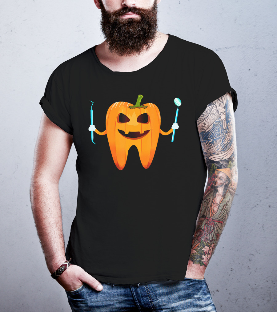 Halloween Tooth Pumpkin Holding Dental Tools T-Shirt