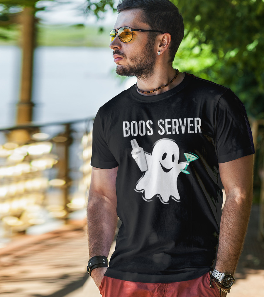 Boos Server Ghost Holding Cocktail Shaker And Martini T-Shirt