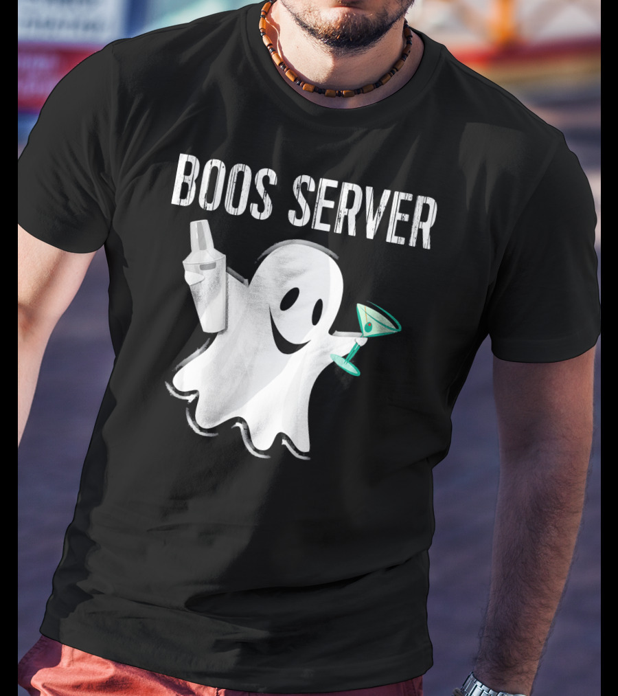 Boos Server Ghost Holding Cocktail Shaker And Martini T-Shirt
