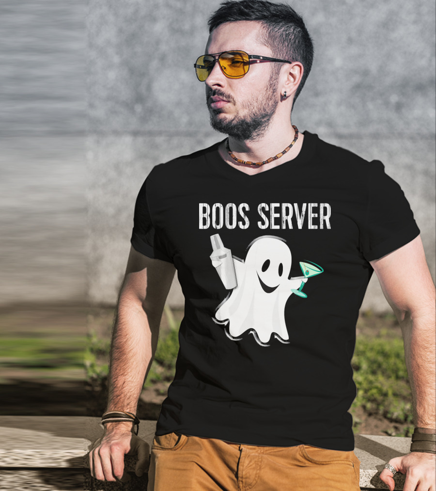 Boos Server Ghost Holding Cocktail Shaker And Martini T-Shirt