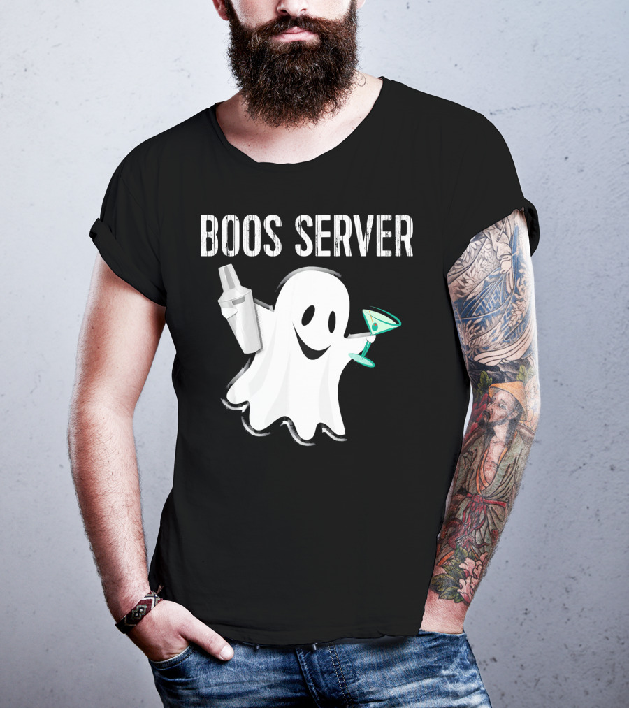 Boos Server Ghost Holding Cocktail Shaker And Martini T-Shirt
