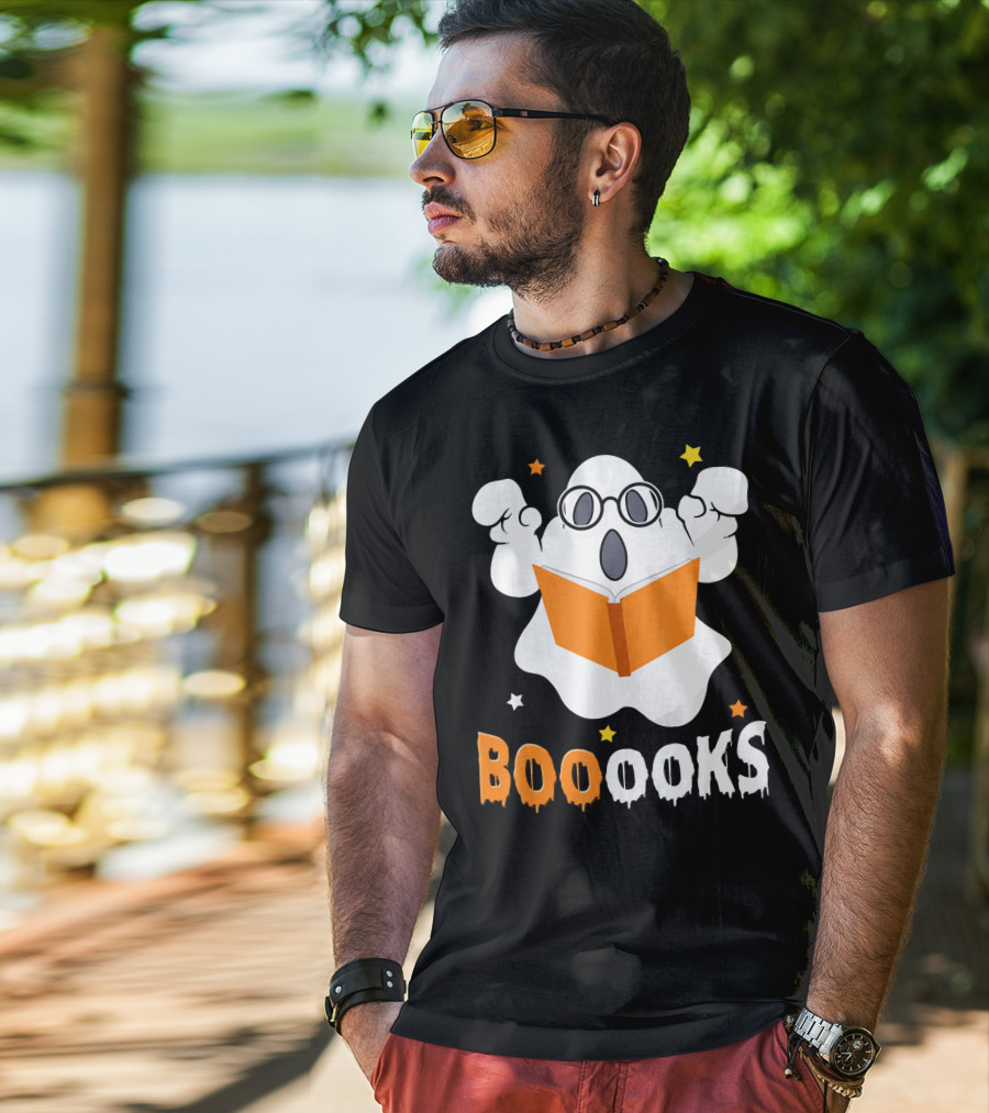 Booooks Ghost With Glasses Holding Orange Book And Stars T-Shirt