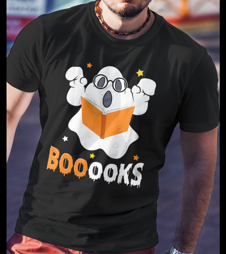 Booooks Ghost With Glasses Holding Orange Book And Stars T-Shirt