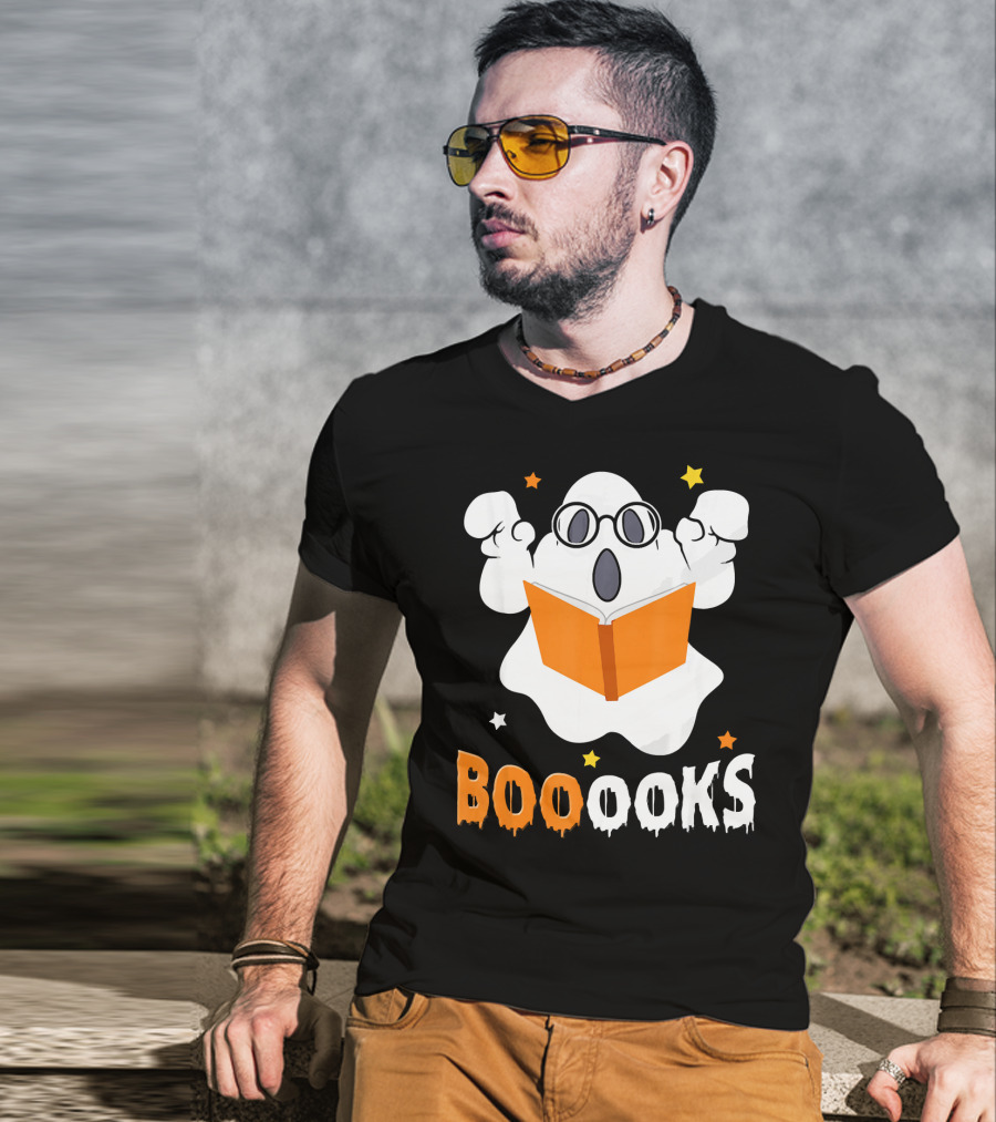 Booooks Ghost With Glasses Holding Orange Book And Stars T-Shirt