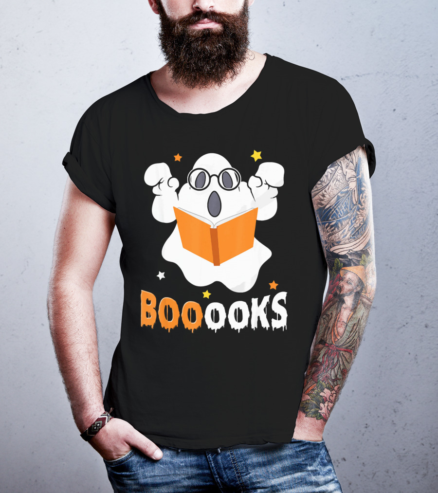 Booooks Ghost With Glasses Holding Orange Book And Stars T-Shirt