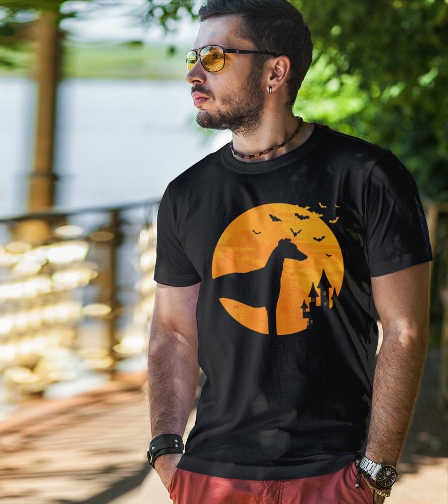 Whippet Scary Halloween Moon Castle Bats T-Shirt